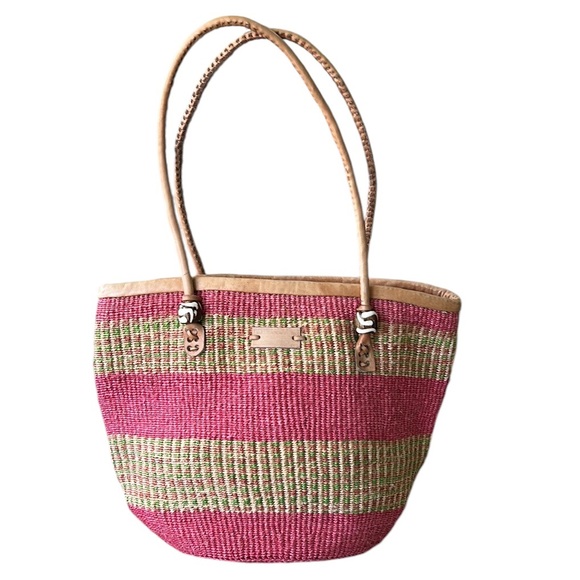 kenya Handbags - Kenyan Pink Green Tan Hand Woven Sisal & Leather Beaded Straw Zipper Tote Bag